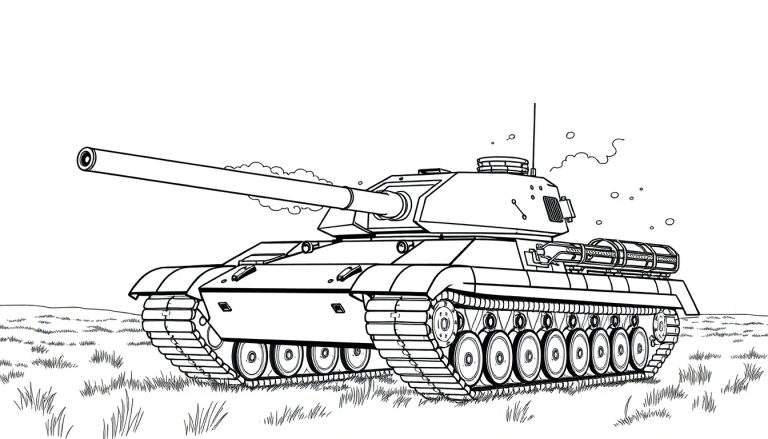 Kleurplaat van een Leopard 1 tank die vuurt, met rook uit de loop en op een grasveld.