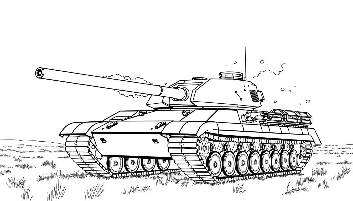 Kleurplaat van een Leopard 1 tank die vuurt, met rook uit de loop en op een grasveld.