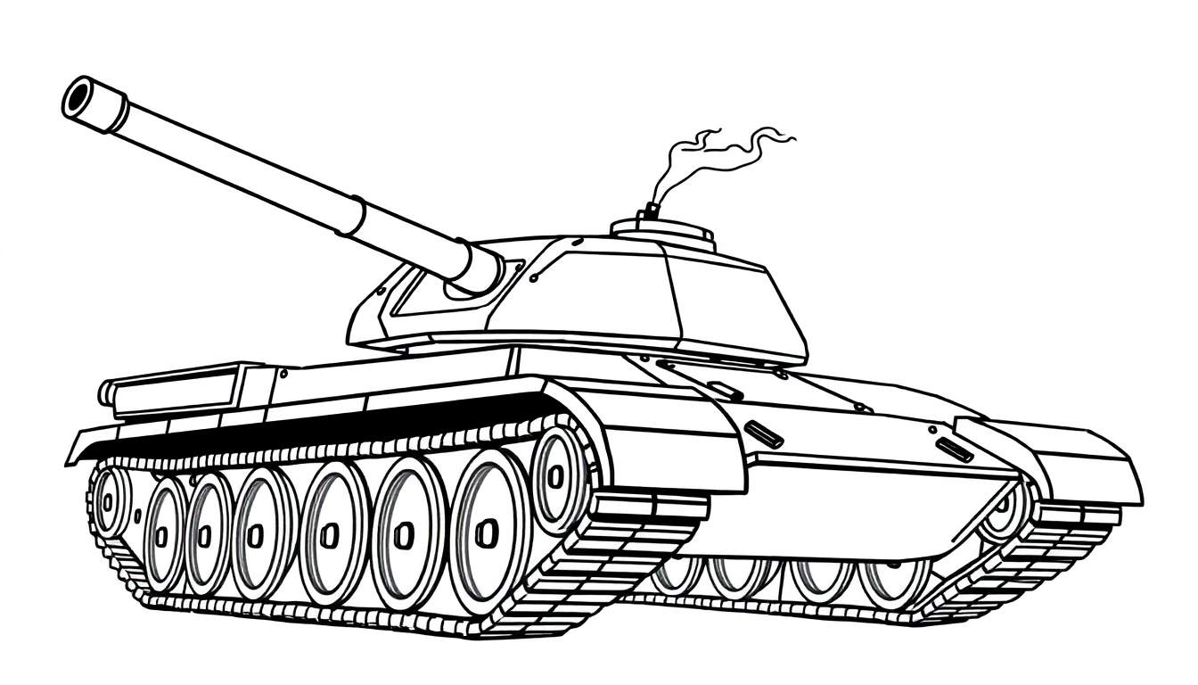 Kleurplaat van een Leopard 1 tank die schiet, met rook uit de loop.