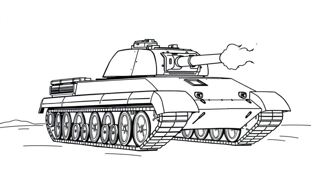 Kleurplaat van een Leopard 1 tank die schiet met rook uit het kanon.