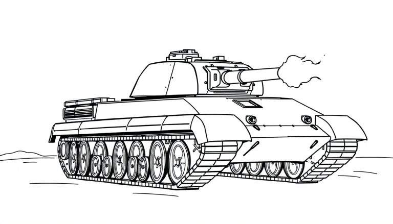 Kleurplaat van een Leopard 1 tank die schiet met rook uit het kanon.