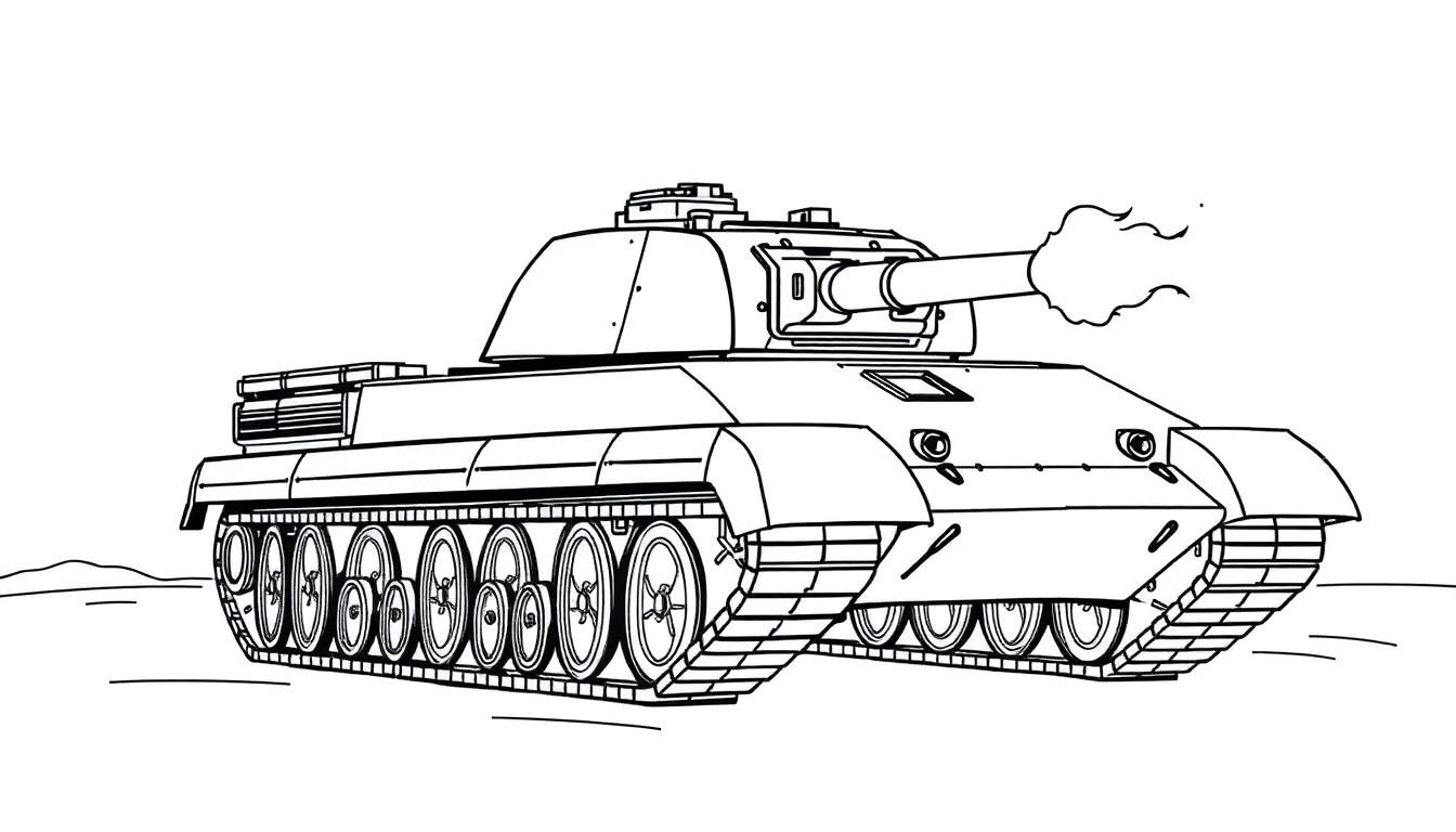 Kleurplaat van een Leopard 1 tank die schiet met rook uit het kanon.