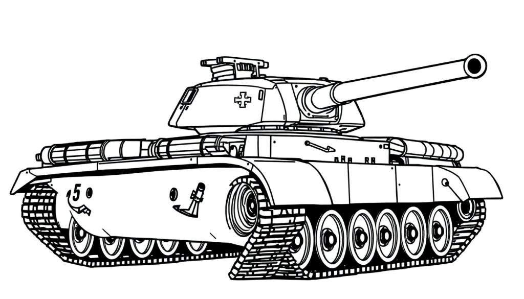 Zwart-witte kleurplaat van een Leopard tank die een brug legt.