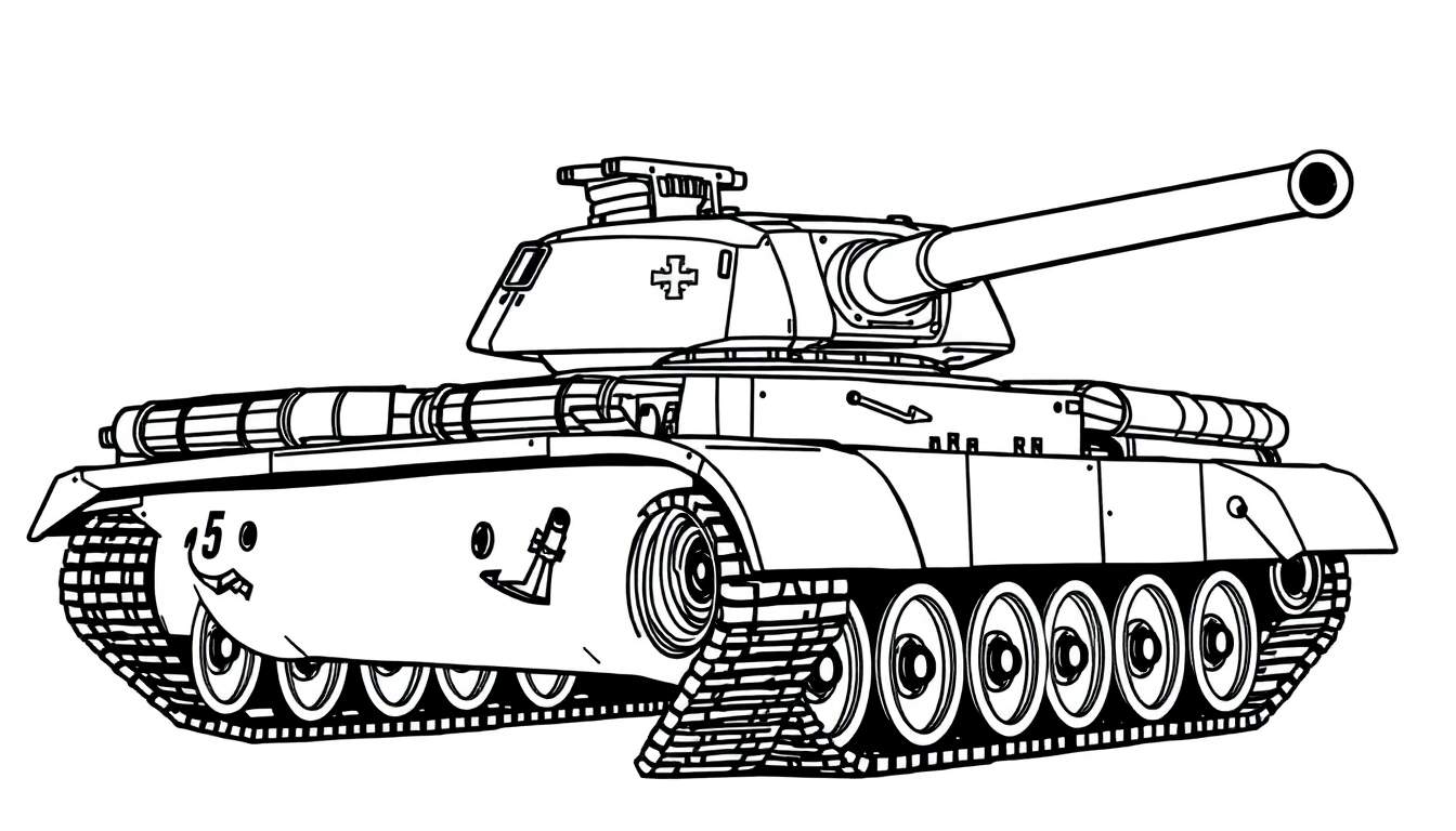 Zwart-witte kleurplaat van een Leopard tank die een brug legt.