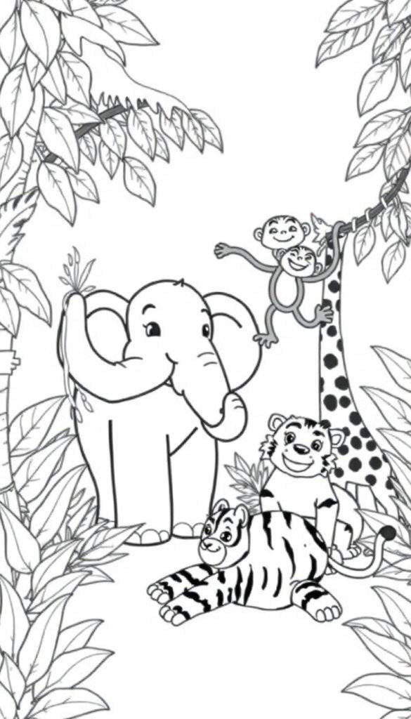 Kleurplaat met jungle dieren: olifant, tijgers, apen en giraf in de natuur.