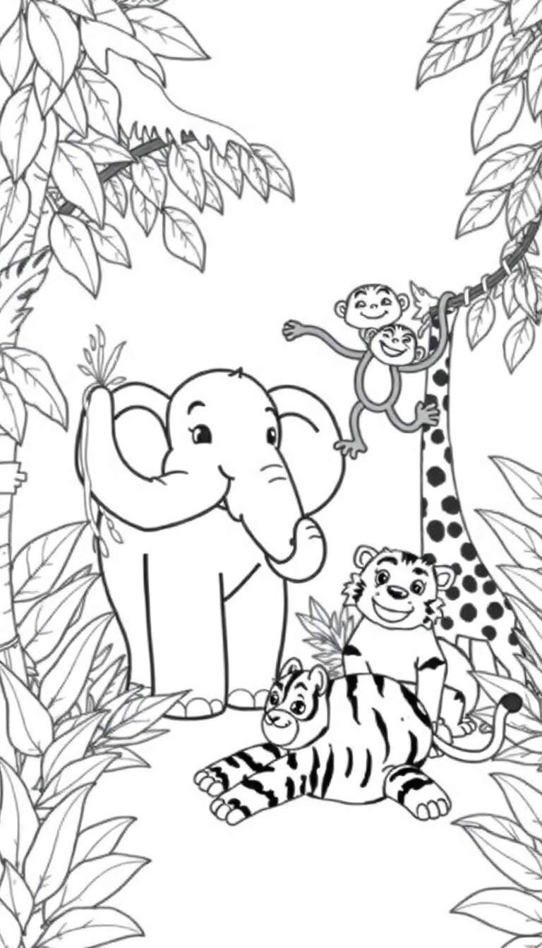 Kleurplaat met jungle dieren: olifant, tijgers, apen en giraf in de natuur.