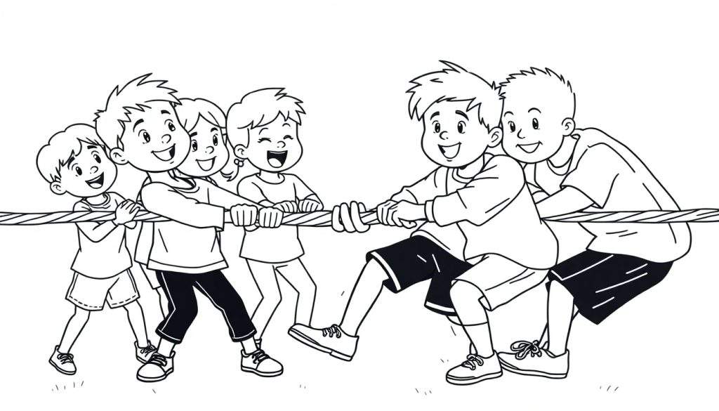 Kleurplaat: kinderen trekken aan een touw, zwart-wit illustratie van een touwtrekwedstrijd.