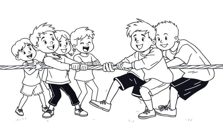 Kleurplaat: kinderen trekken aan een touw, zwart-wit illustratie van een touwtrekwedstrijd.