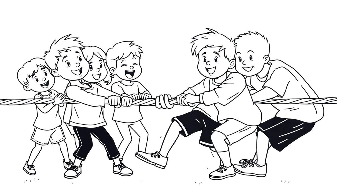 Kleurplaat: kinderen trekken aan een touw, zwart-wit illustratie van een touwtrekwedstrijd.