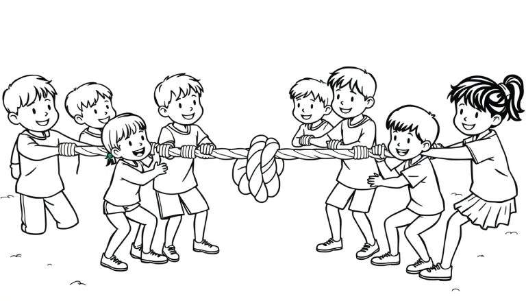 Kleurplaat van kinderen die touwtrekken, lachend en met plezier.