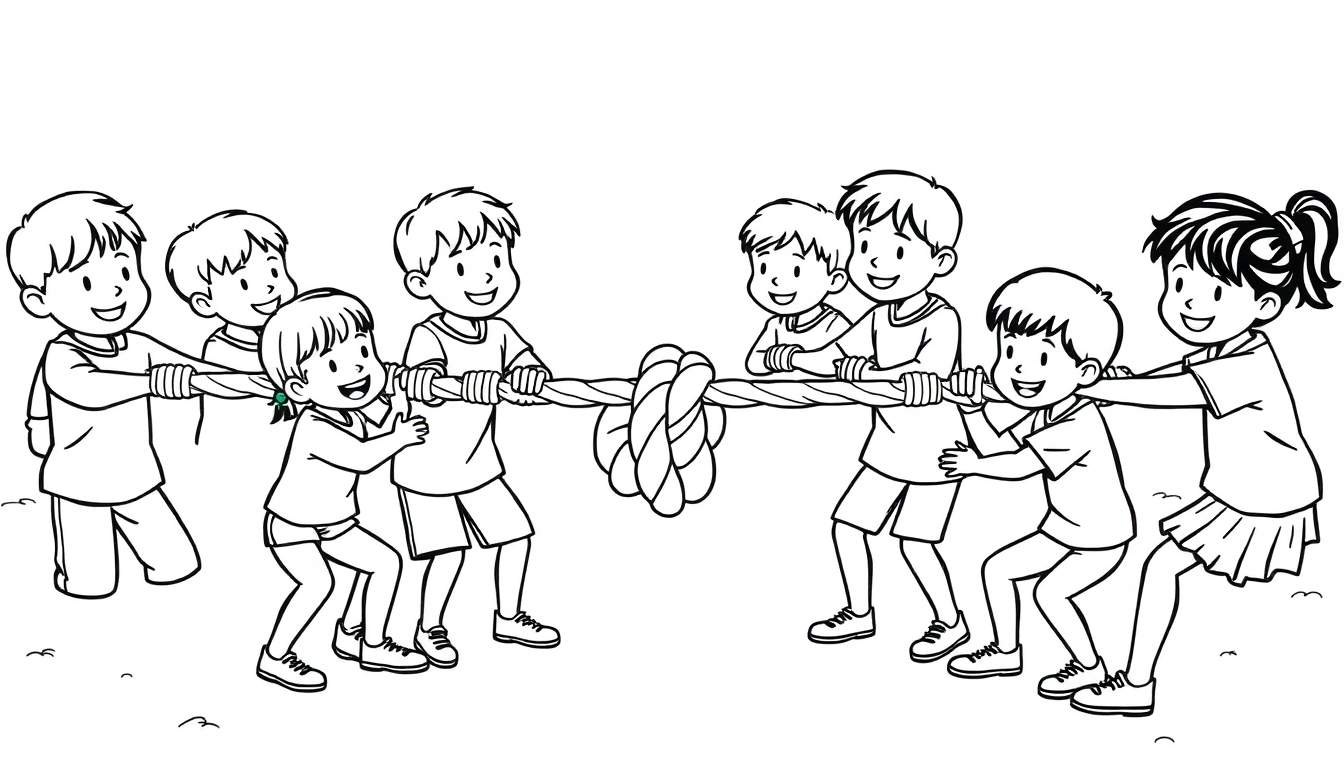 Kleurplaat van kinderen die touwtrekken, lachend en met plezier.