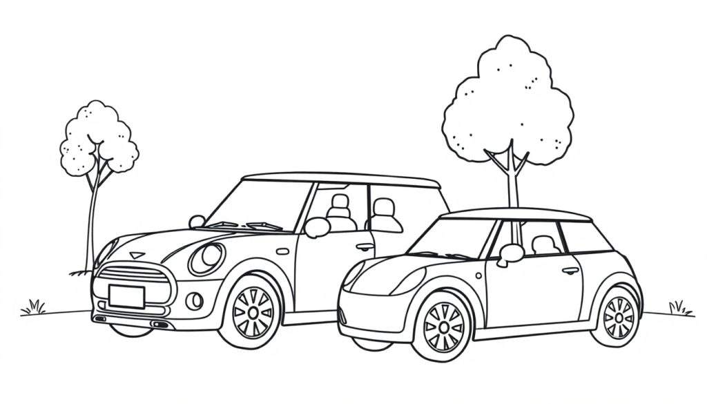 Kleurplaat van twee Mini Coopers in een veld met bomen en gras.