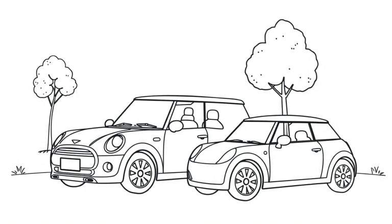 Kleurplaat van twee Mini Coopers in een veld met bomen en gras.