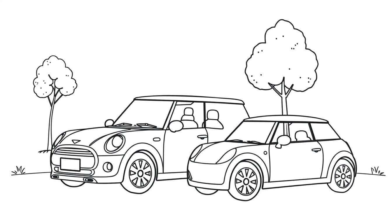 Kleurplaat van twee Mini Coopers in een veld met bomen en gras.