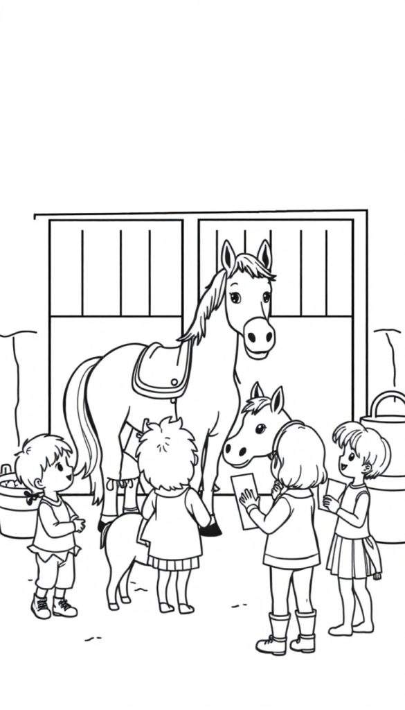 Kleurplaat van kinderen die een paard aaien bij een stal.