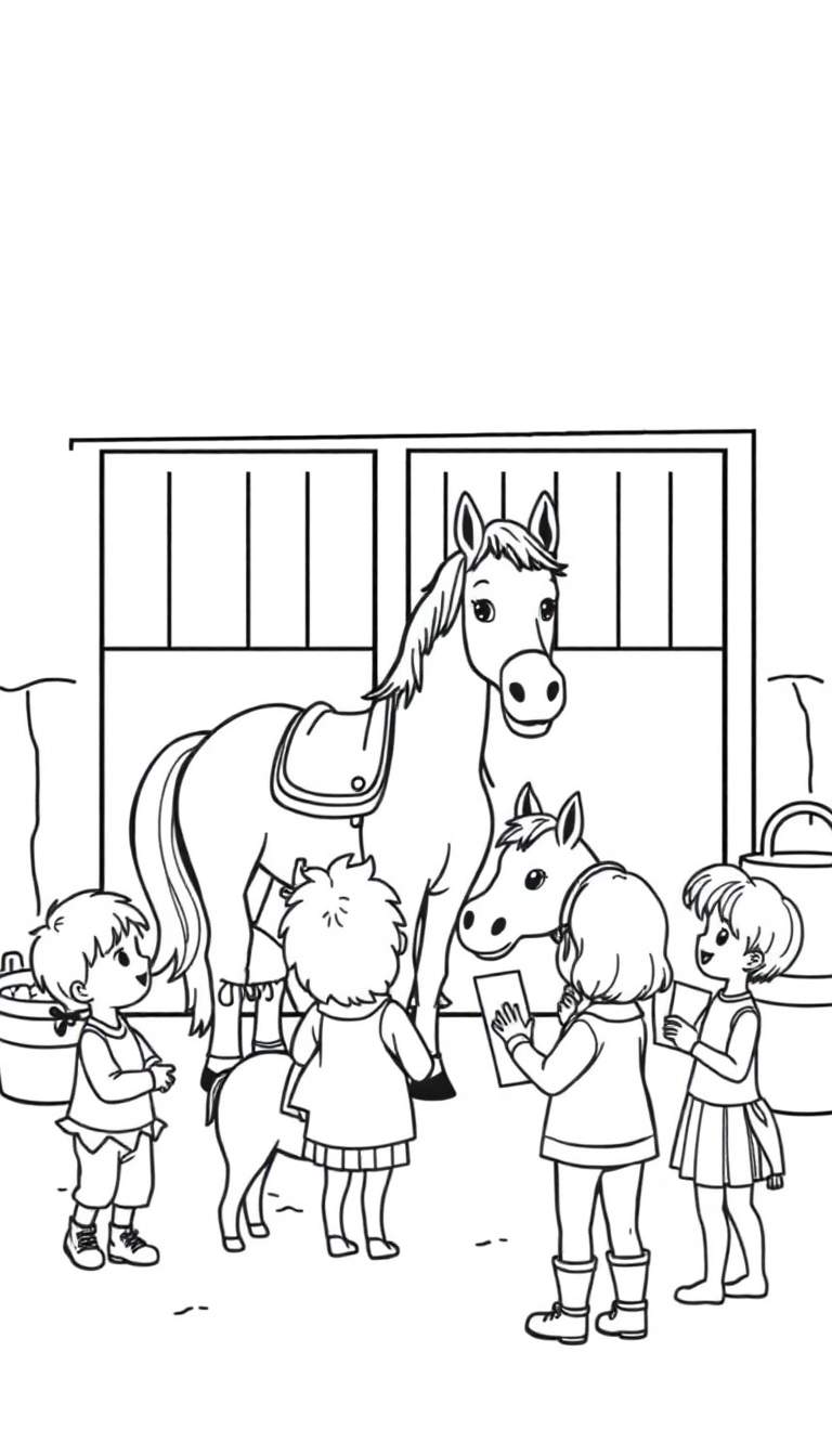 Kleurplaat van kinderen die een paard aaien bij een stal.