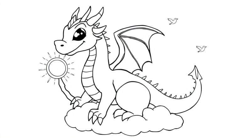 Een schattige zwart-wit cartoon draak kleurplaat die op een wolk zit met een zonnetje en vogeltjes.