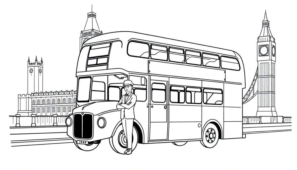 Kleurplaat van een dubbeldekkerbus in Londen met de Tower Bridge en Big Ben op de achtergrond.