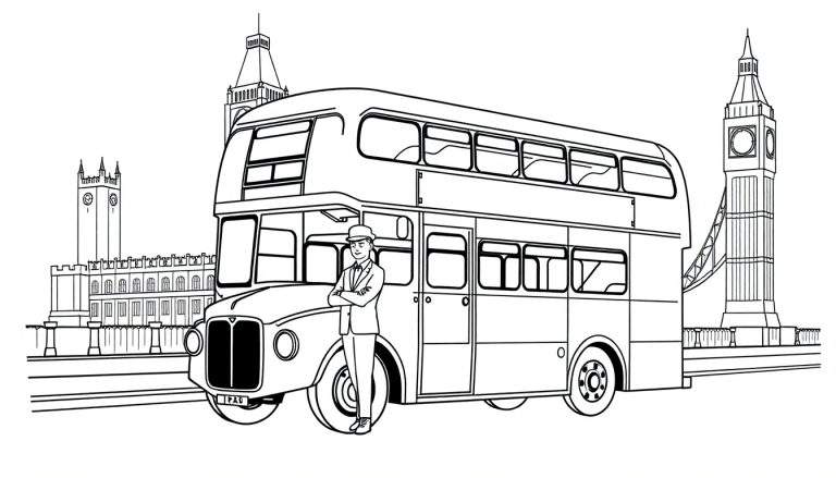 Kleurplaat van een dubbeldekkerbus in Londen met de Tower Bridge en Big Ben op de achtergrond.