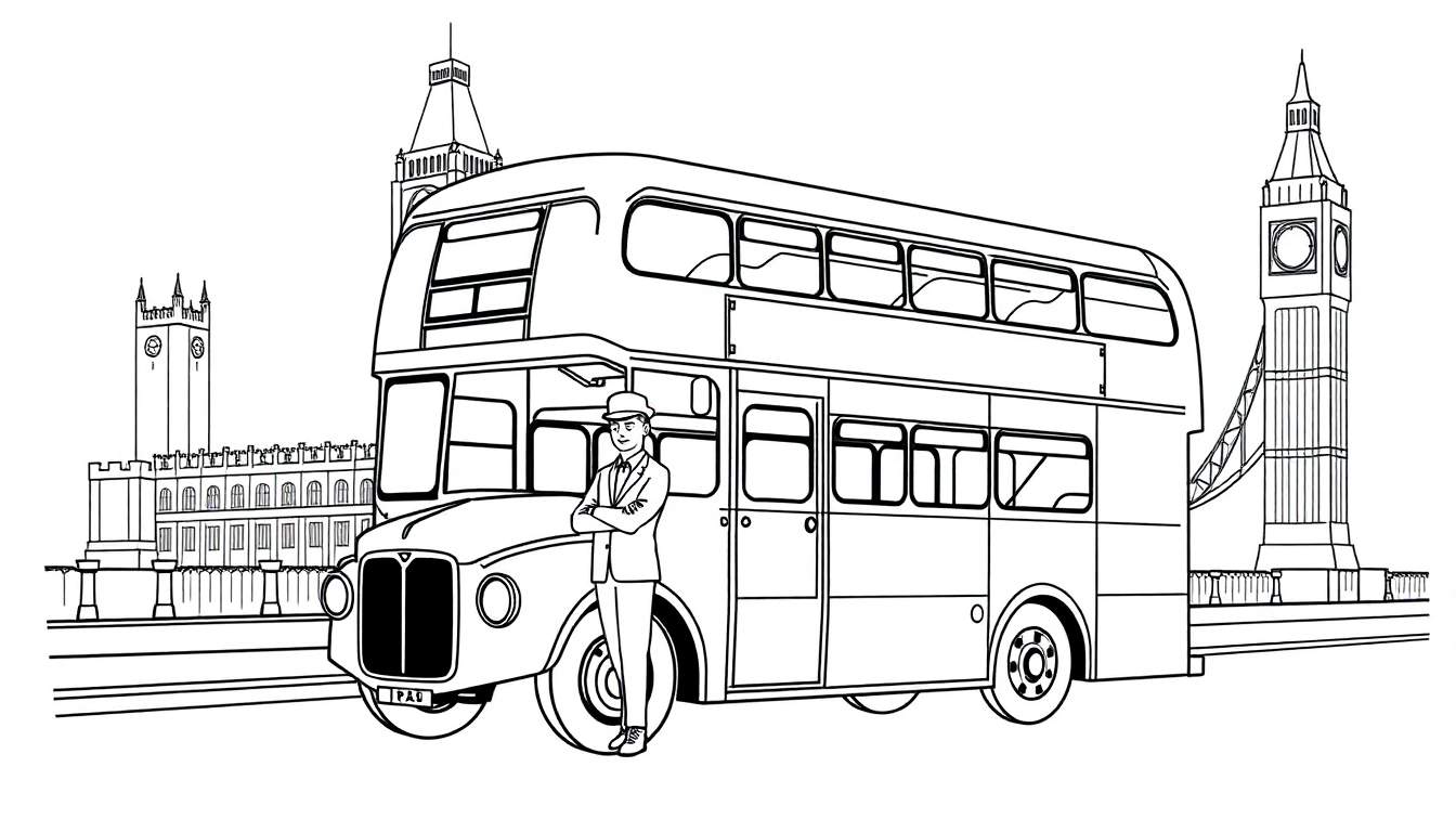 Kleurplaat van een dubbeldekkerbus in Londen met de Tower Bridge en Big Ben op de achtergrond.