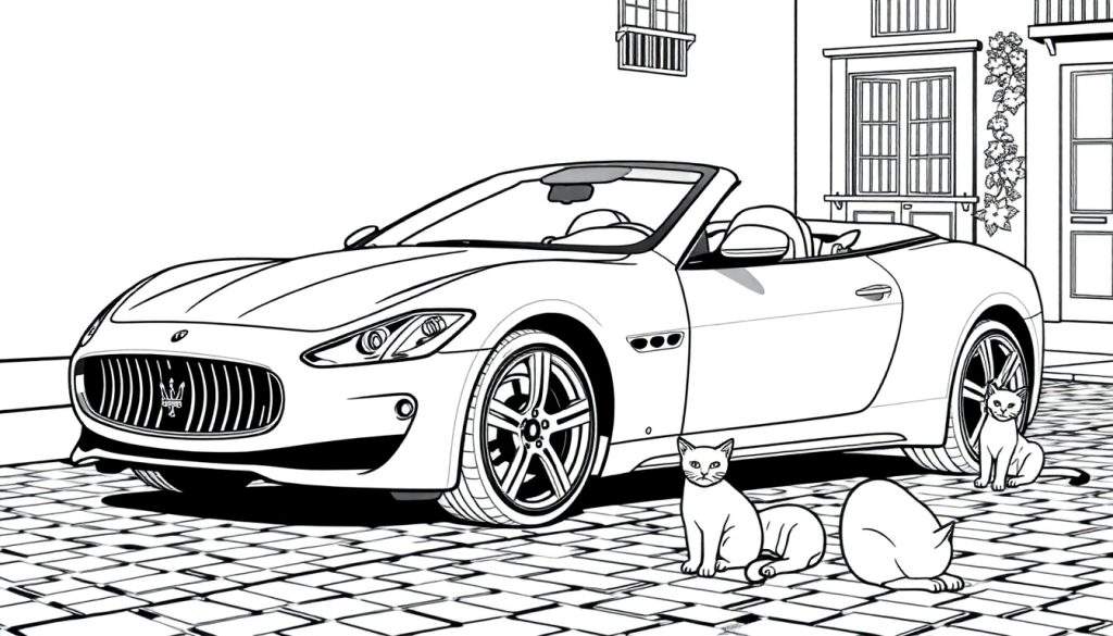 Kleurplaat van een Maserati GranCabrio cabriolet met katten ervoor.