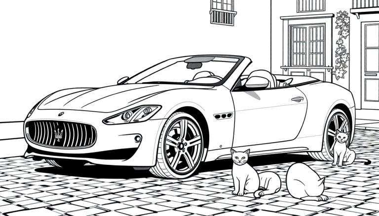 Kleurplaat van een Maserati GranCabrio cabriolet met katten ervoor.
