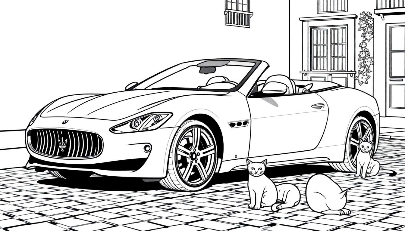 Kleurplaat van een Maserati GranCabrio cabriolet met katten ervoor.
