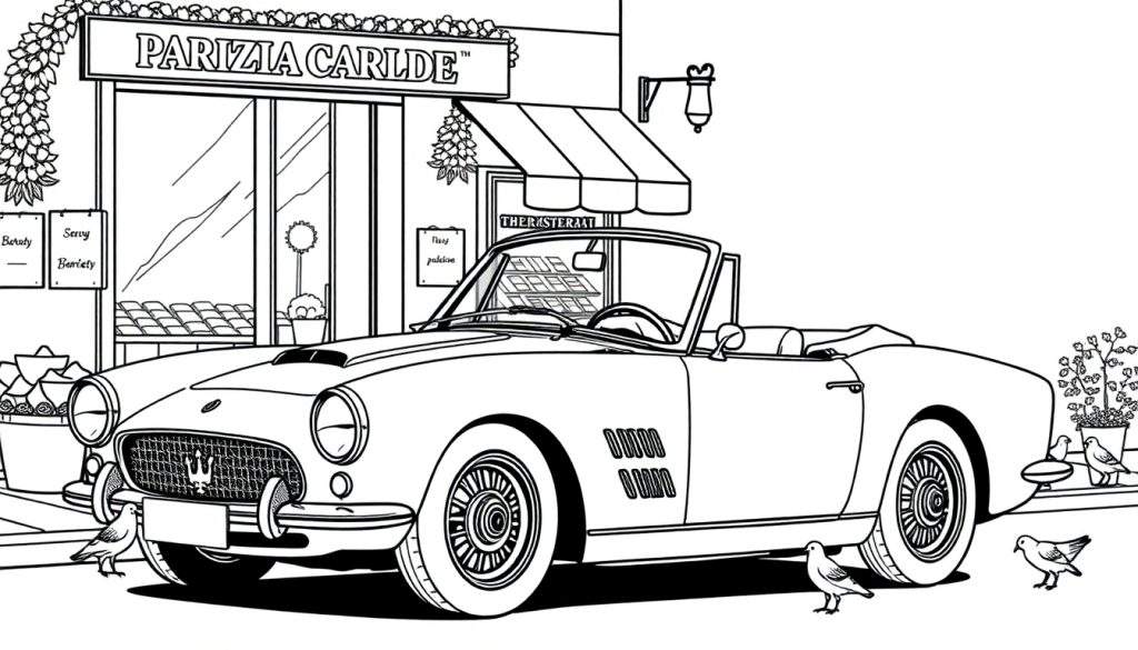 Kleurplaat van een Maserati cabriolet met duiven.