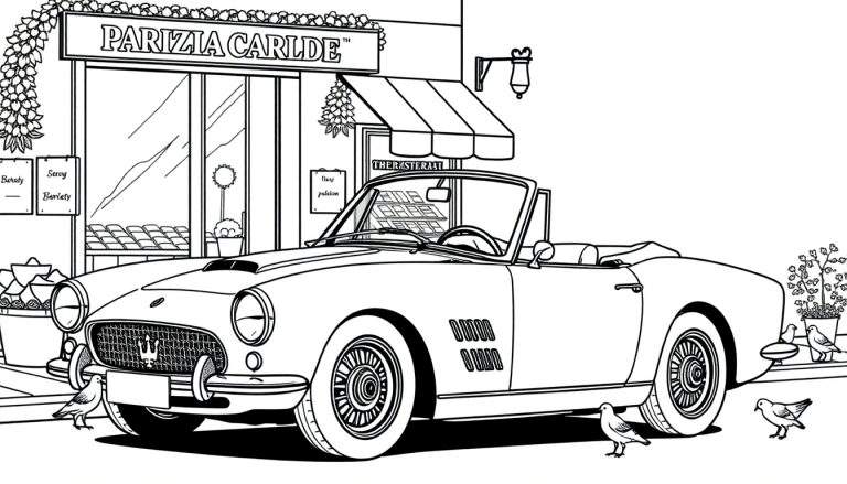 Kleurplaat van een Maserati cabriolet met duiven.