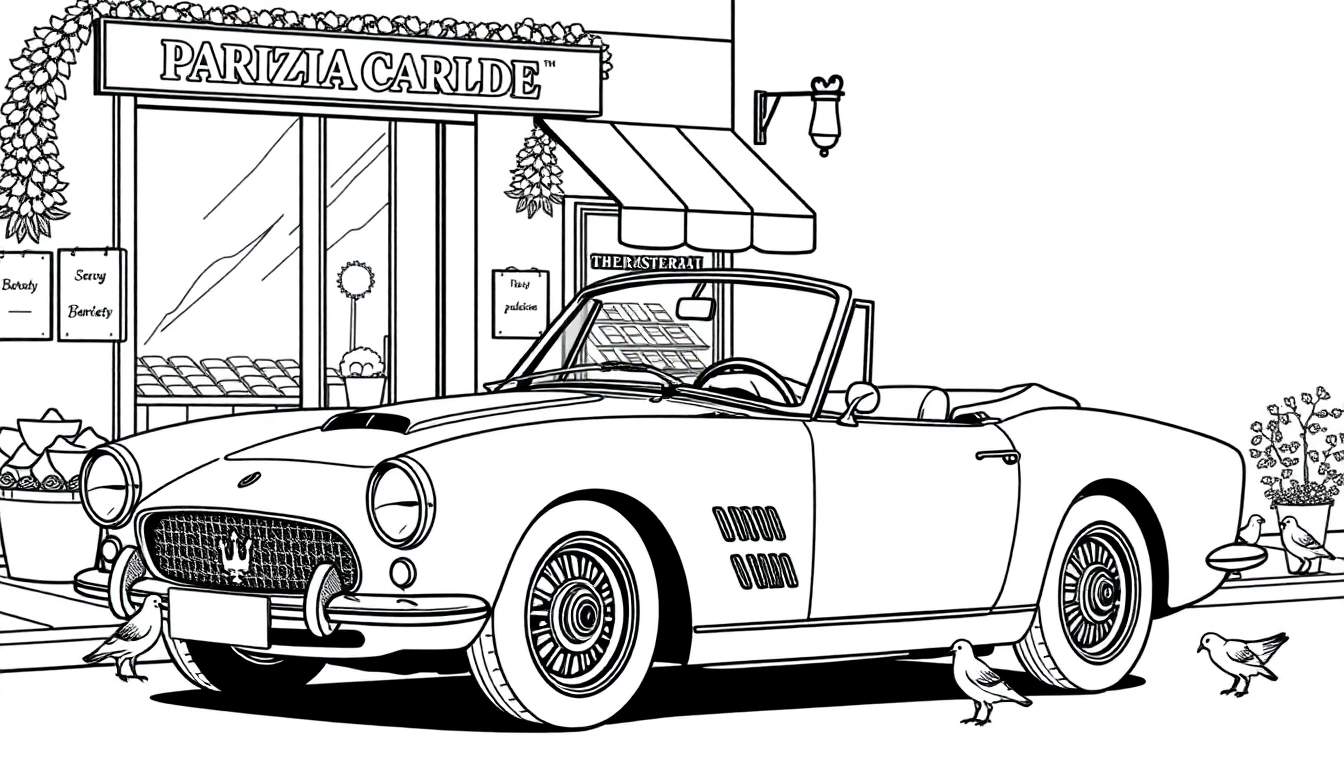 Kleurplaat van een Maserati cabriolet met duiven.