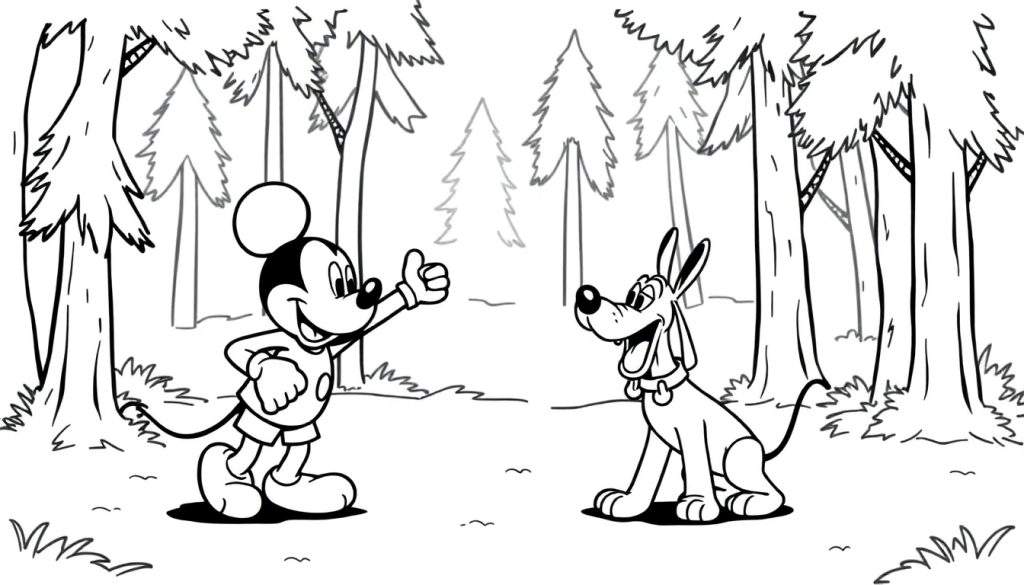 Mickey Mouse en Pluto lopen naar de bioscoop, bovenin staat 'kom jij ook naar de kleuter bios?', een kleurplaat.