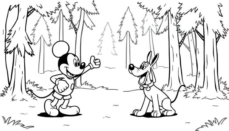 Mickey Mouse en Pluto lopen naar de bioscoop, bovenin staat 'kom jij ook naar de kleuter bios?', een kleurplaat.