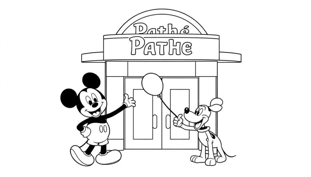 Kleurplaat van Mickey Mouse en Pluto bij de Pathé bioscoop.