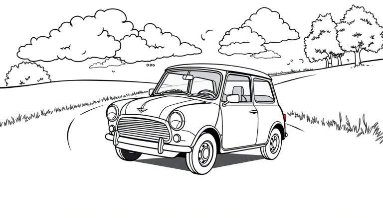 Kleurplaat van een Mini Cooper op een landweg
