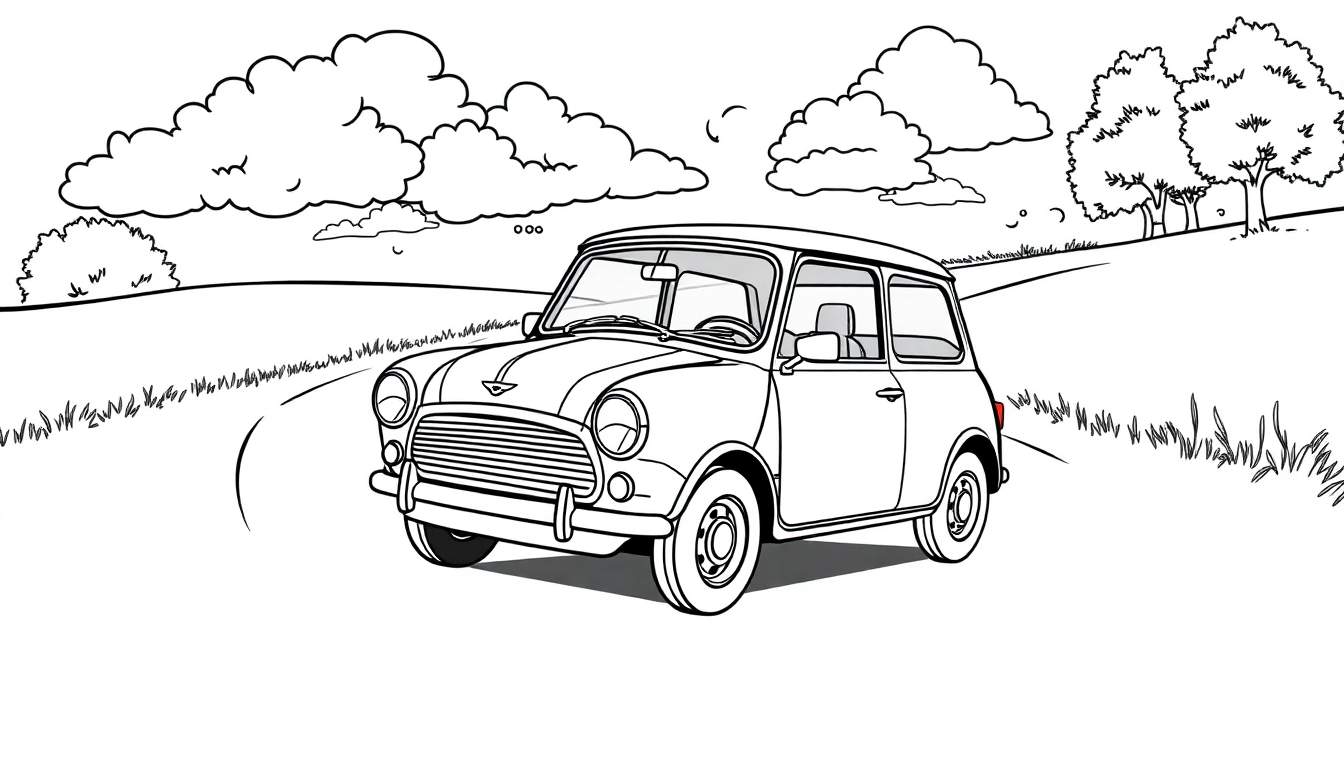 Kleurplaat van een Mini Cooper op een landweg