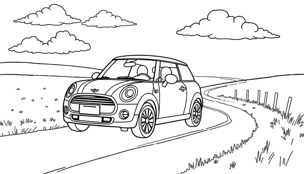 Kleurplaat van een zwarte Mini Cooper op een landweg