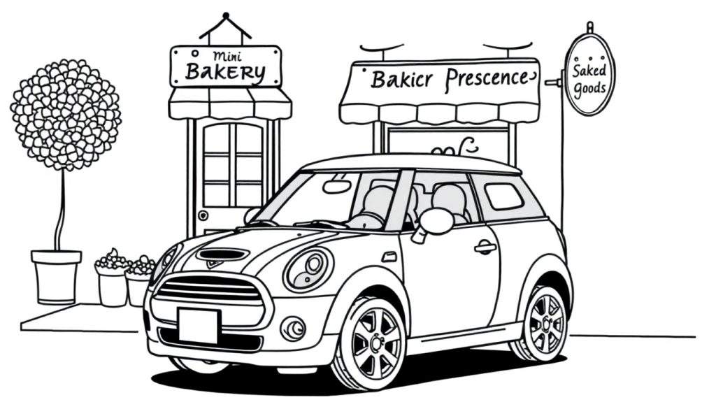 Kleurplaat van een Mini Cooper voor bakkerijen.