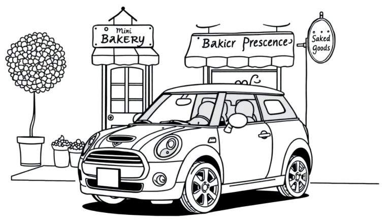 Kleurplaat van een Mini Cooper voor bakkerijen.