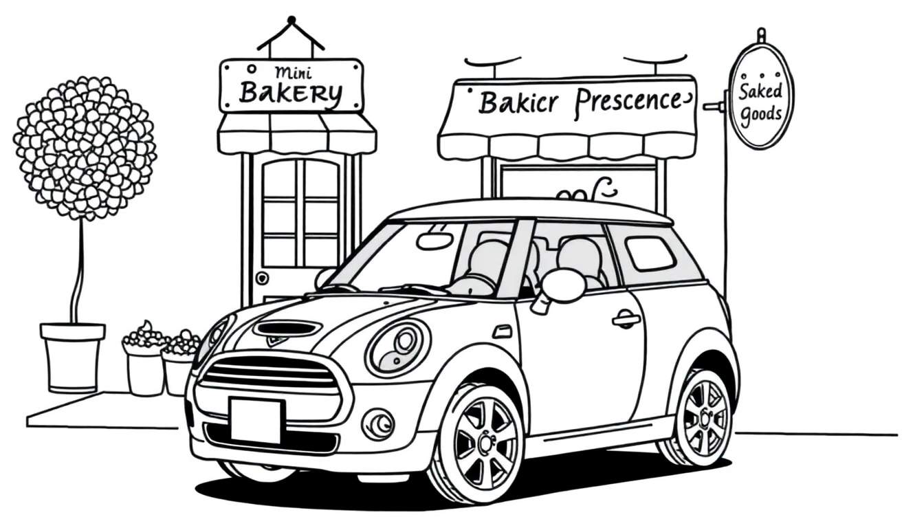 Kleurplaat van een Mini Cooper voor bakkerijen.
