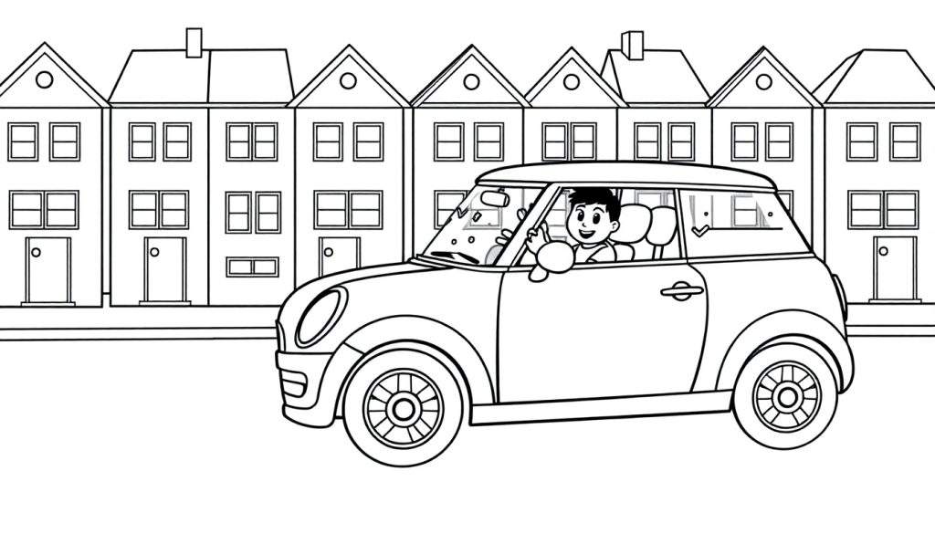 Kleurplaat van een man in een Mini Cooper die zwaait.