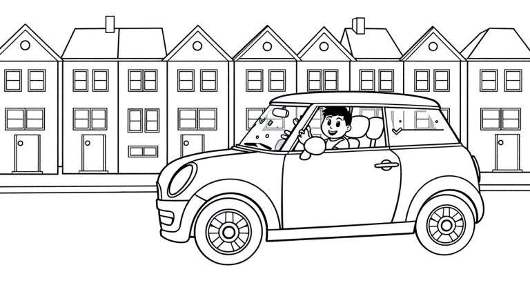 Kleurplaat van een man in een Mini Cooper die zwaait.