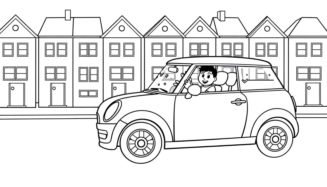 Kleurplaat van een man in een Mini Cooper die zwaait.