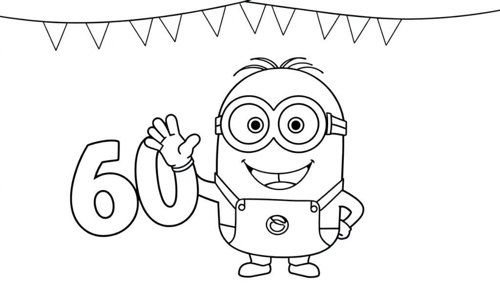 Een zwart-wit kleurplaat van een vrolijke Minion die een high-five geeft bij het getal 60, met vlaggetjes erboven.