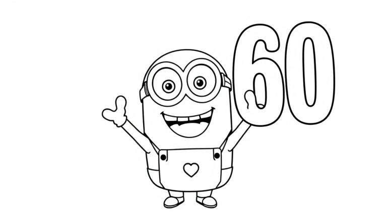 Zwart-witte kleurplaat van een lachende Minion die het getal 60 vasthoudt en een duim omhoog steekt.
