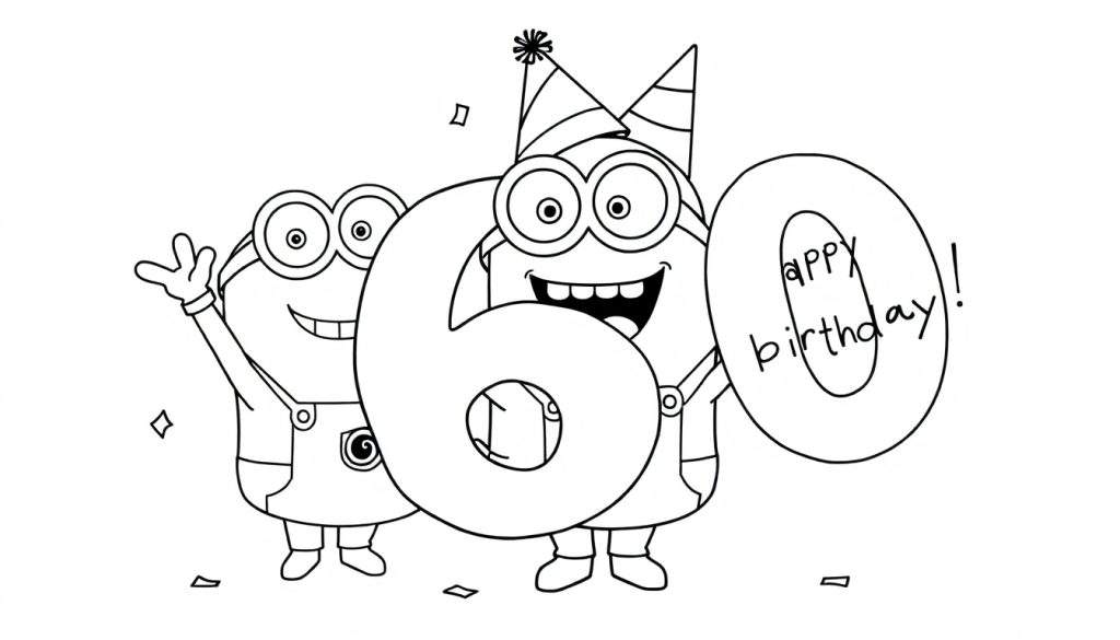Zwart-witte kleurplaat van twee Minions die een 60e verjaardag vieren.