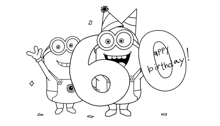 Zwart-witte kleurplaat van twee Minions die een 60e verjaardag vieren.
