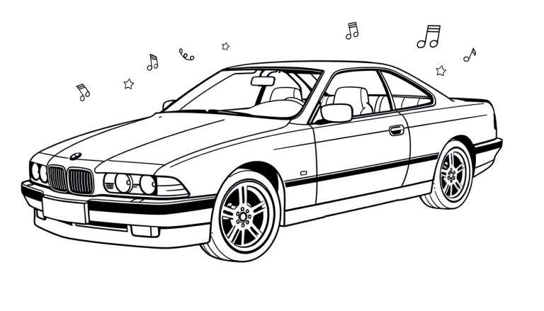 Kleurplaat van een BMW 635 csi coupé met muzieknoten en sterren.