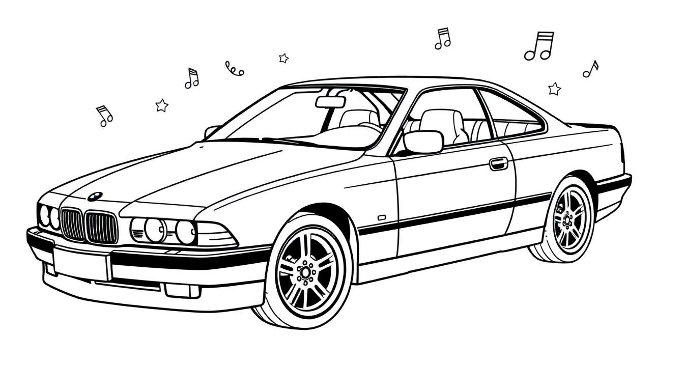 Kleurplaat van een BMW 635 csi coupé met muzieknoten en sterren.