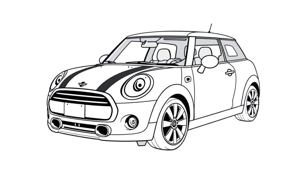 Kleurplaat van een nieuwe Mini Cooper in lijntekening.