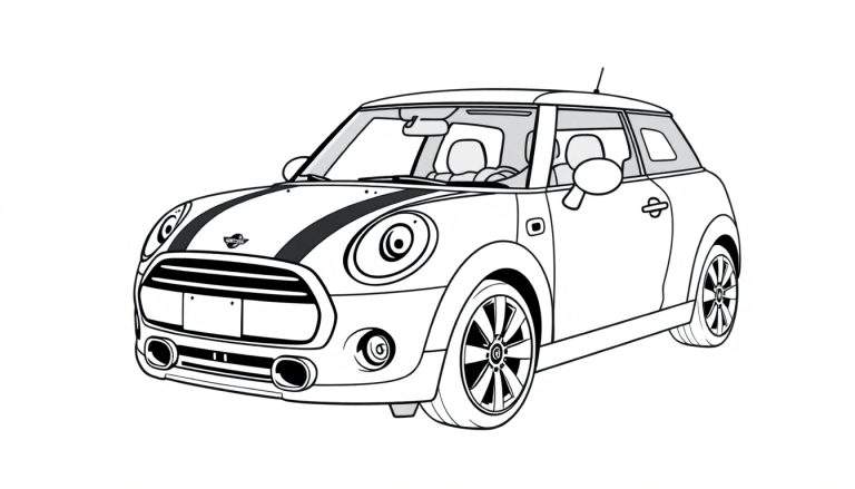 Kleurplaat van een nieuwe Mini Cooper in lijntekening.